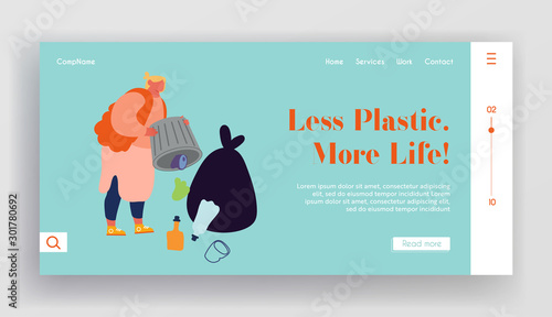 Ecology Protection and Struggle with Plastic Pollution Website Landing Page. Slovenly Woman Throw Garbage Out of Litter Bin Polluting Environment Web Page Banner. Cartoon Flat Vector Illustration