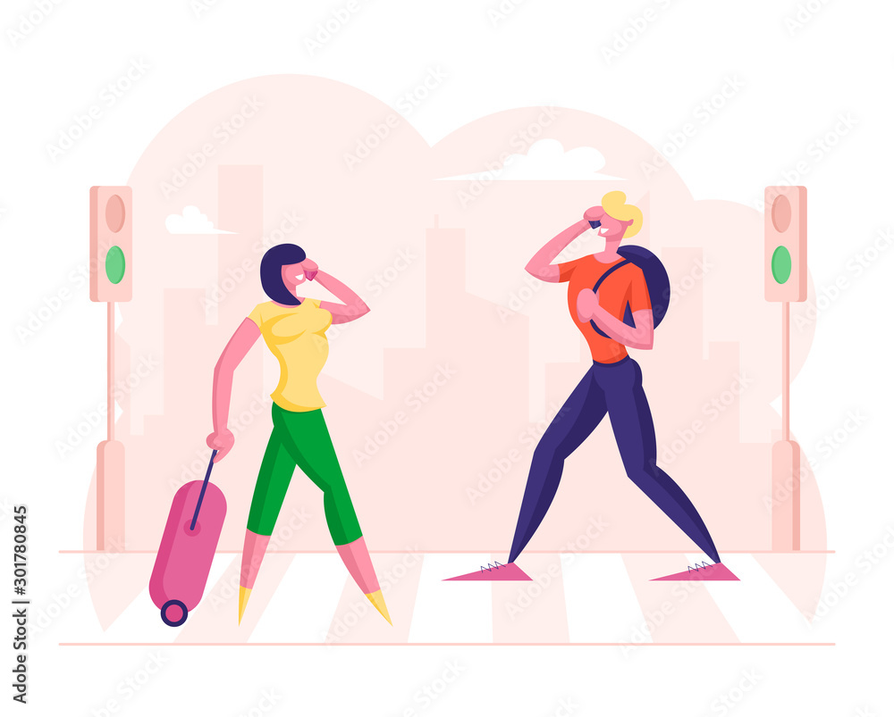 People Walking at Town Street along Road Crosswalk with Traffic Lights in City Center. Woman with Suitcase and Man with Backpack Talking by Smartphones Busy Urban Life Cartoon Flat Vector Illustration
