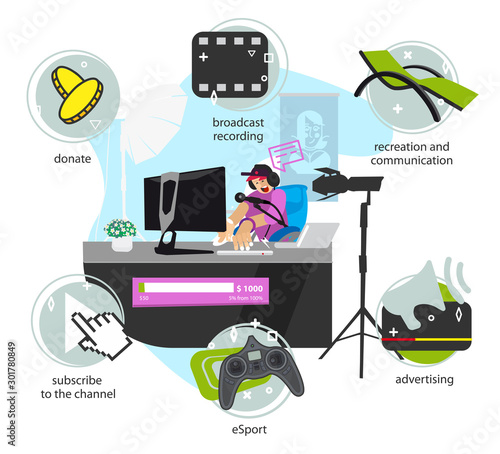 The income of the streamer and blogger illustration. Earnings on social networks streamer. Sales Manager via the Internet stream