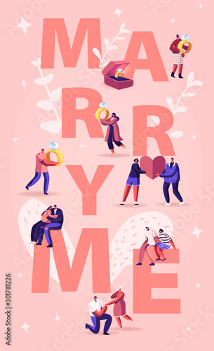 Marry Me Concept. Men Making Romantic Proposal to Women, Giving Engagement Ring Standing on Knee. Love Relationship Marriage and Family Poster Banner Flyer Brochure. Cartoon Flat Vector Illustration