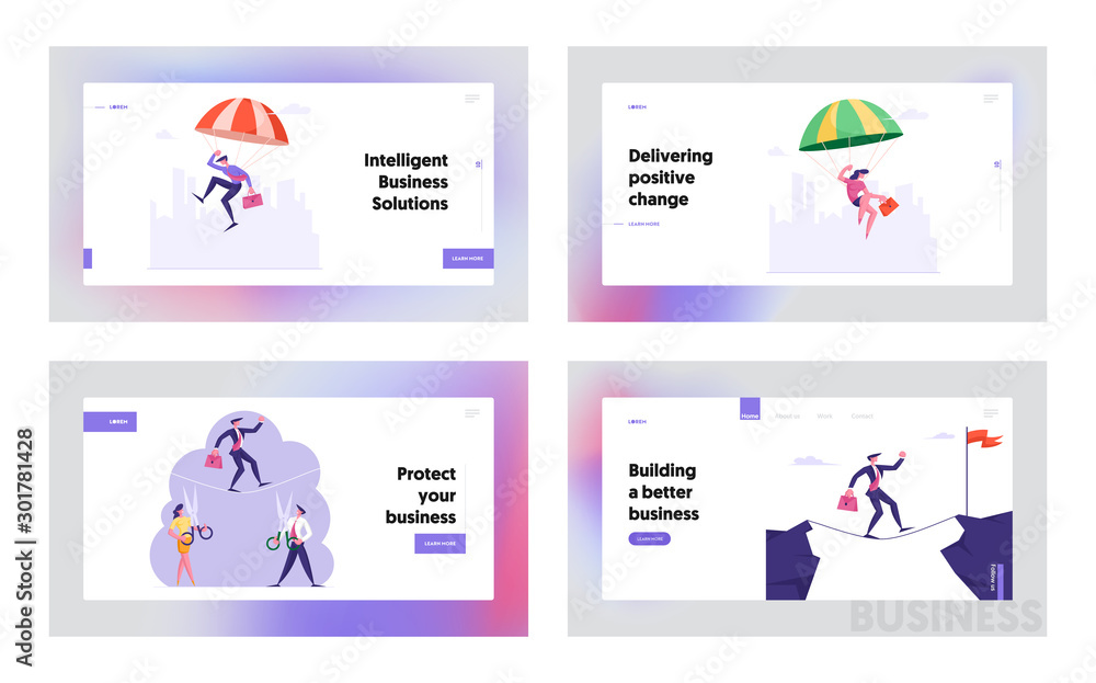 Business Risk, Danger and Safety Website Landing Page Set. Businessman and Businesswoman Skydiving, Walking by Stilts and Rope. Achievement Targeting Web Page Banner. Cartoon Flat Vector Illustration