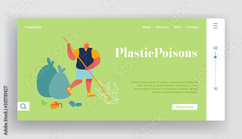 Charity and Ecology Protection Website Landing Page. Volunteer Cleaning Garbage Racking Ground, Collecting Trash to Sack. Volunteering Man Working Web Page Banner. Cartoon Flat Vector Illustration