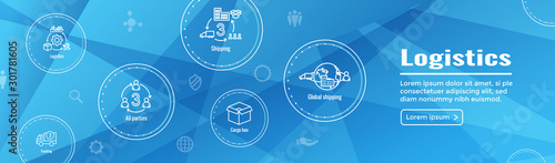 Logistics icon set and web header banner with buildings, trucking, people and shipping box