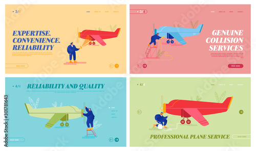 Aircraft Maintenance and Repair Website Landing Page Set. Mechanics Engineers Inspecting Private Airplane with Propeller Engine Pumping Wheels Fueling Web Page Banner. Cartoon Flat Vector Illustration
