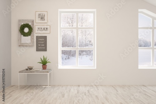 Mock up of empty room in white color with winter landscape in window. Scandinavian interior design. 3D illustration © AntonSh