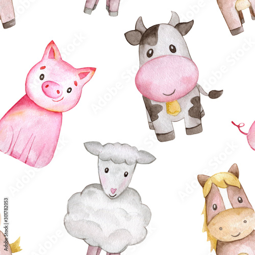 Watercolor farm seamless pattern with animals. Cute cartoon characters. Cute horse, cow, pig, sheep