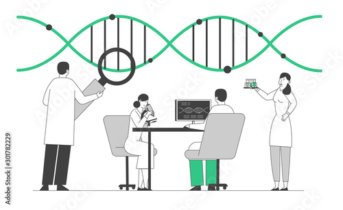 Laboratory Research or Experiment Process. Medicine Genetic Technology. Scientists Working with Dna Structure Looking to Magnifying Glass Making Notes on Pc. Cartoon Flat Vector Illustration, Line Art