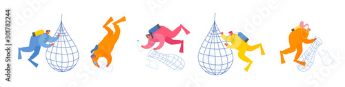 Set of Scuba Divers Swimming in Ocean and Collecting Floating Sea Garbage in Polluted Water. Dirty Underwater Surface Planet Pollution Divers Characters Cleaning Trash Cartoon Flat Vector Illustration