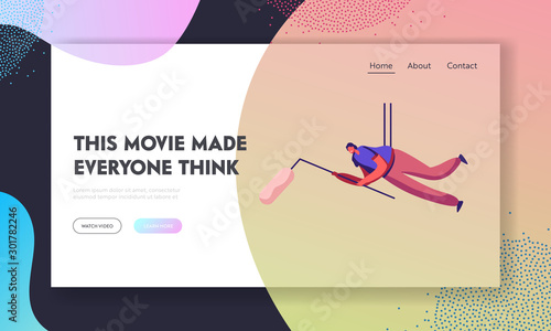 Movie Making Process, Entertainment Industry Staff at Work Website Landing Page. Girl Hanging on Ropes Holding Microphone with Wind Protection Fur Case Web Page Banner Cartoon Flat Vector Illustration