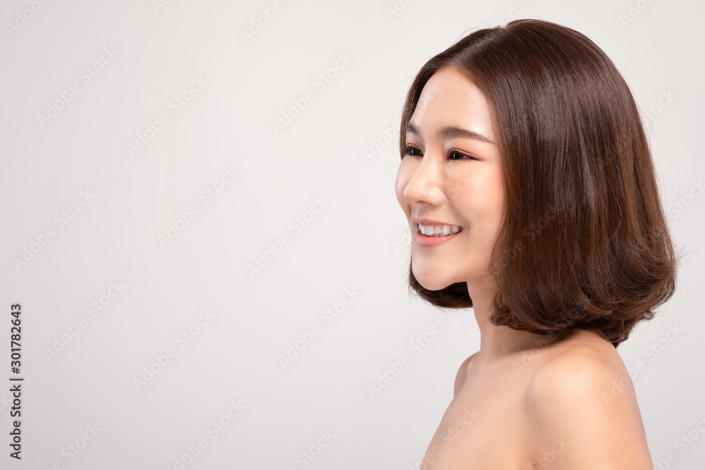 Side view of Beautiful Asian woman smile with clean and fresh skin Happiness and cheerful with positive emotional,isolated on white background,Beauty and Cosmetics Concept Side view of Beautiful Asian woman smile with clean and fresh skin Happiness and cheerful with positive emotional,isolated on white background,Beauty and Cosmetics Concept