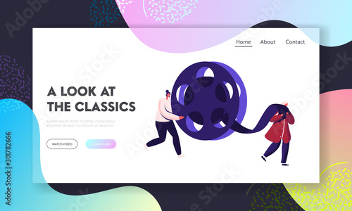 Film Making Entertainment Industry, Moviemaking Website Landing Page. Creative Composition with Staff and Professional Equipment as Reel Film Bobbin Web Page Banner. Cartoon Flat Vector Illustration