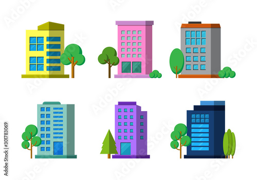 Flat colorful company building and tree on white background, Modern architecture construction vector set