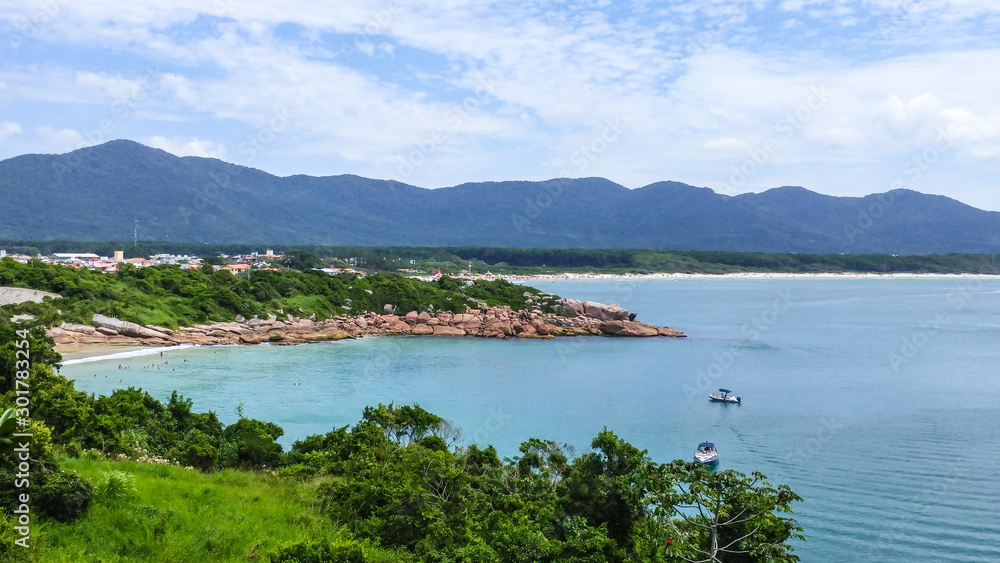 General view of Prainha da Barra and the preserved coast of Moçambique Beach on background - Florianópolis, Santa Catarina, Brazil