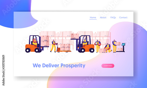 Logistics and Merchandising Website Landing Page. Warehouse Workers Loading, Stacking Goods with Electric Hand Lifters and Forklift Truck. Weigh Cargo Web Page Banner. Cartoon Flat Vector Illustration