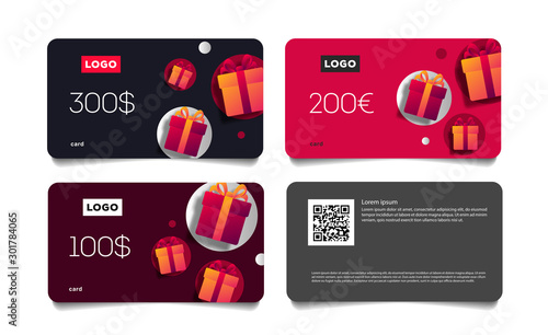 Gift Voucher Template set of cards with Monetary Value and Present Boxes, discount advertising