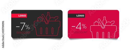 Loyalty discount cards set with shopping basket vector mono line icon, collect bonus, earn reward, redeem gift, win present, linear illustration, outline design