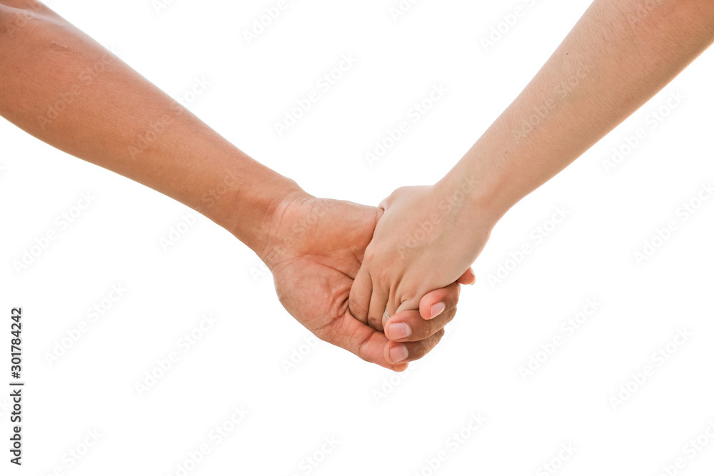 Friendship and love concept between man and woman - holding a man's hand by a girl's hand isolated on white background. Friendship and love concept between man and woman - holding a man's hand by a girl's hand isolated on white background.