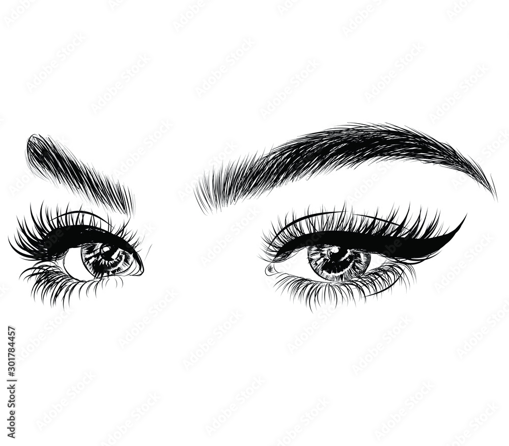  Fashion illustration of the eye with long full lashes. Hand drawn vector idea  Natural eyebrows and modern makeup