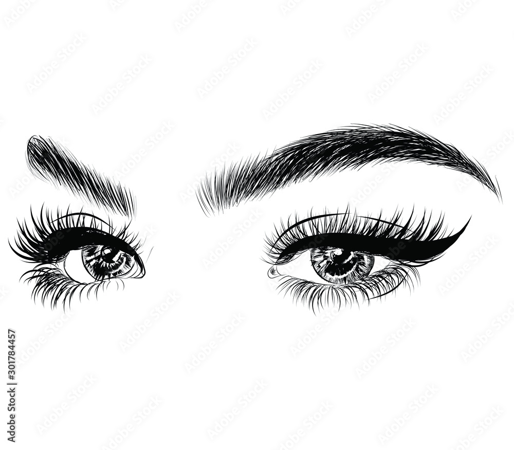 Fashion illustration of the eye with long full lashes. Hand drawn vector idea Natural eyebrows and modern makeup Fashion illustration of the eye with long full lashes. Hand drawn vector idea Natural eyebrows and modern makeup