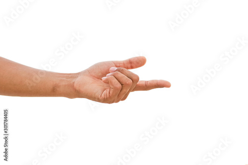 Man's hand touching or pointing to something isolated on white background. Close up. 