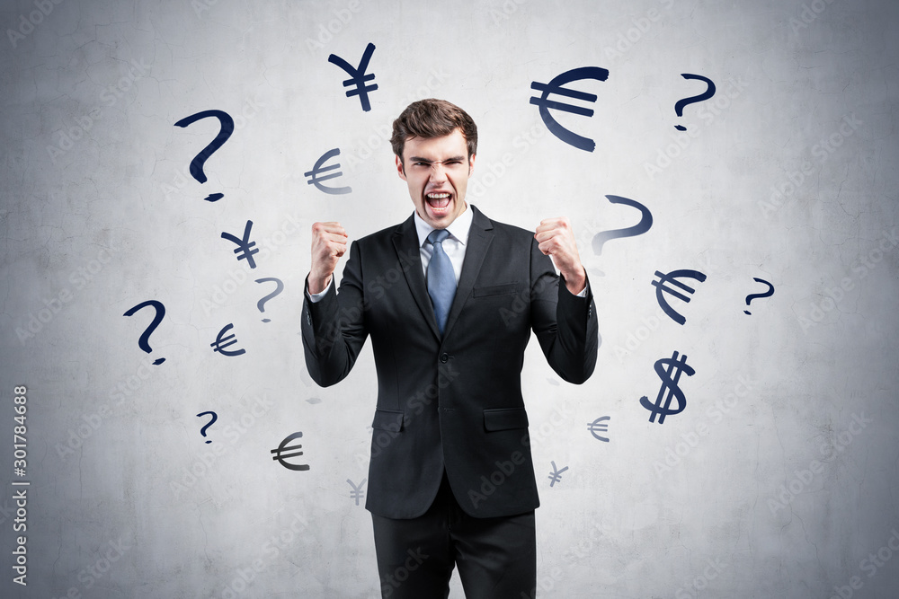 Happy businessman and currency signs Happy businessman and currency signs