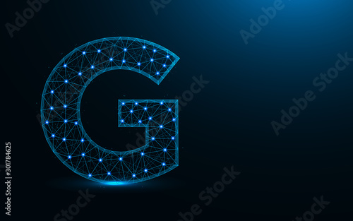 Letter G low poly design, alphabet abstract geometric image, font wireframe mesh polygonal vector illustration made from points and lines on dark blue background
