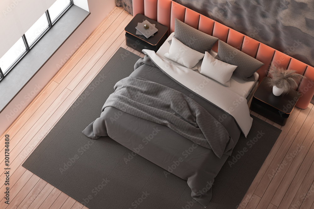 Fototapeta premium Top view of gray and pink bedroom