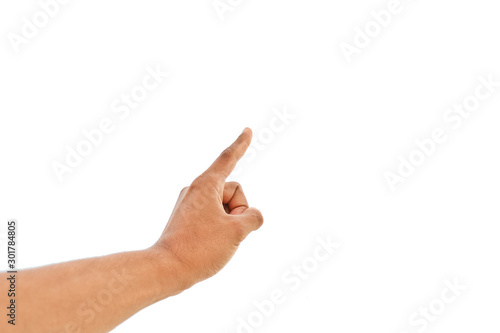 Man's hand touching or pointing to something isolated on white background. Close up. 