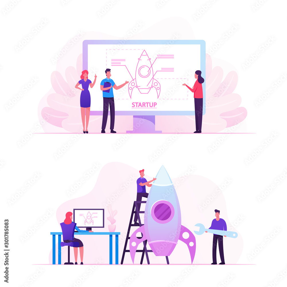 Businesspeople Projecting and Launching Business Project Startup. Financial Idea Planning Strategy, Management, Realization and Success. Creative Team Rocket Launch Cartoon Flat Vector Illustration