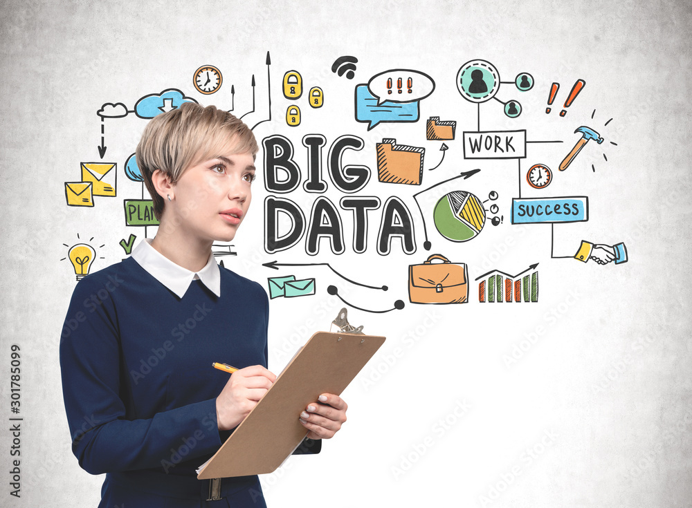 Thoughtful woman with clipboard, big data sketch Thoughtful woman with clipboard, big data sketch