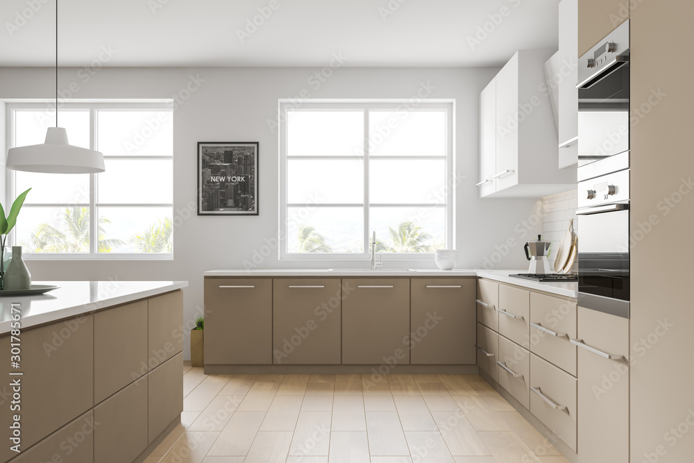 Side view of white and beige kitchen with picture Side view of white and beige kitchen with picture