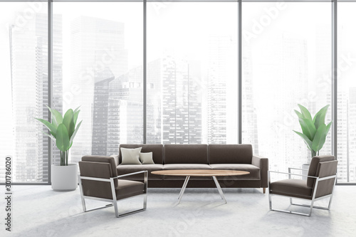 Panoramic office waiting room with brown sofa