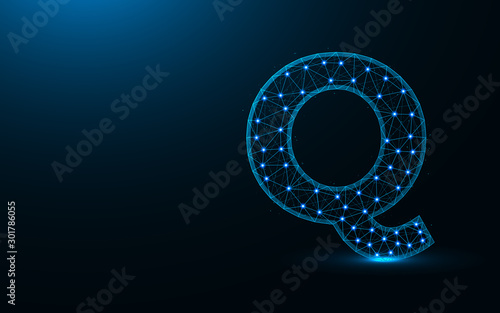 Letter Q low poly design, alphabet abstract geometric image, font wireframe mesh polygonal vector illustration made from points and lines on dark blue background