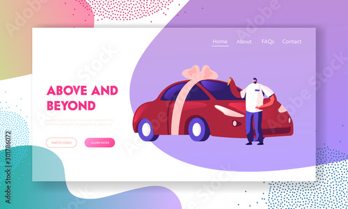 Automobile Purchase Website Landing Page. Man Buyer or Seller Holding Keys in Hand Standing near New Car Wrapped with Bow. Customer or Salesman Deal Web Page Banner. Cartoon Flat Vector Illustration