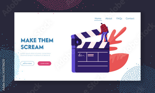 Cinematograph, Movie Making Process Website Landing Page. Man Studio Worker Assistant Stand on Huge Clapperboard. Movie Action and Film Production Web Page Banner. Cartoon Flat Vector Illustration