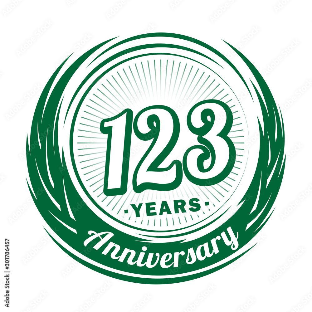 One hundred and twenty-three years anniversary celebration logotype. 123rd anniversary logo. Vector and illustration.
