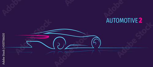 Modern car minimalistic line illustration. Car outline. Dark background. Text outlined. 