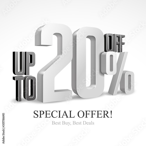 Up To 20 Off Special Offer Silver 3D Digits Banner, Template Twenty Percent. Sale, Discount. Grayscale, Metal, Gray, Glossy Numbers. Illustration Isolated On White Background. Ready For Your Design.