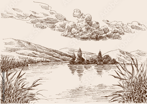 Lake landscape sketch, water vegetation and cloudy sky hand drawing