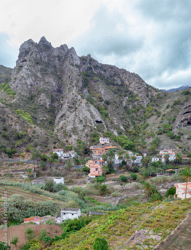 Typical La Gomera Island landscape with mountain and green palm trees, is World Biosphere Reserve since 2011