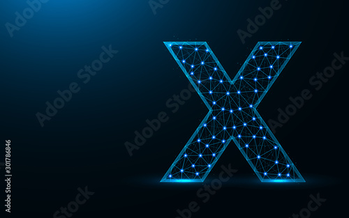 Letter X low poly design, alphabet abstract geometric image, font wireframe mesh polygonal vector illustration made from points and lines on dark blue background