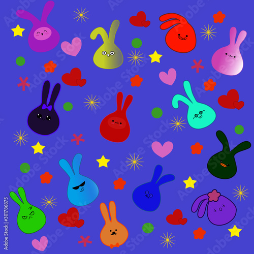 Seamless pattern with cute colorful rabbit on purple background, Animal Background for Kids