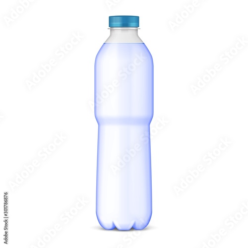 Mockup Plastic Clean Bottle Full, Filled With Blue Cap. Soft Drink. Disposaple. Mock Up Template. Illustration Isolated On White Background. Ready For Your Design. Product Packaging. Vector EPS10