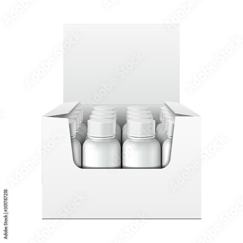 Mockup Display Holder Box Cardboard Filled Blank With Bottles, Cans, Jars. Vitamins, nutritional supplements, Cosmetic. Mock Up, Template. Products On White Background Isolated. Mockup Packing.