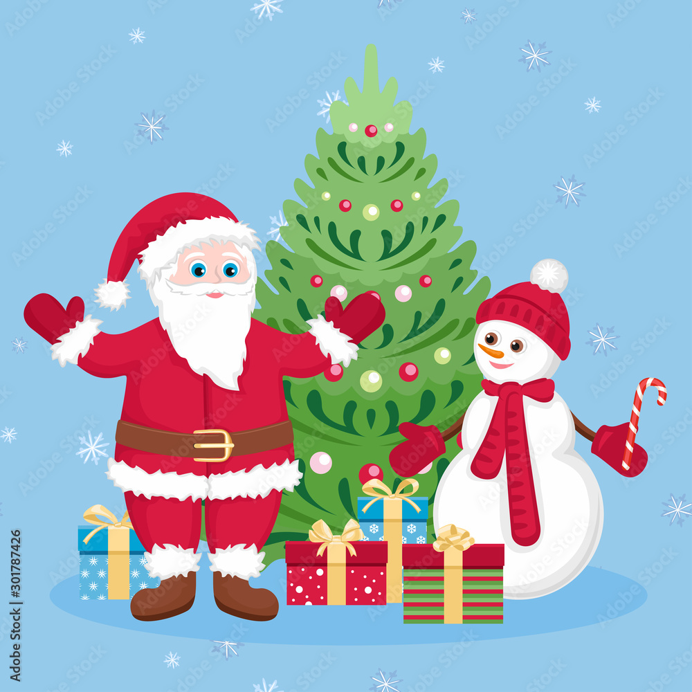 Funny Santa Claus, cute snowman and gift boxes with bows under Christmas tree on blue background with white snowflakes. New Year card. Vector holiday illustration in cartoon simple flat style. Funny Santa Claus, cute snowman and gift boxes with bows under Christmas tree on blue background with white snowflakes. New Year card. Vector holiday illustration in cartoon simple flat style.