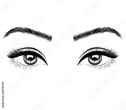  Fashion illustration of the eye with long full lashes. Hand drawn vector idea  Natural eyebrows and modern makeup