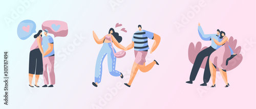 Set of Happy Loving Couples Sparetime. Cheerful Man and Woman Characters Spend Time Together Hugging Having Fun Rejoice Dating. Love and Human Relations, Togetherness Cartoon Flat Vector Illustration