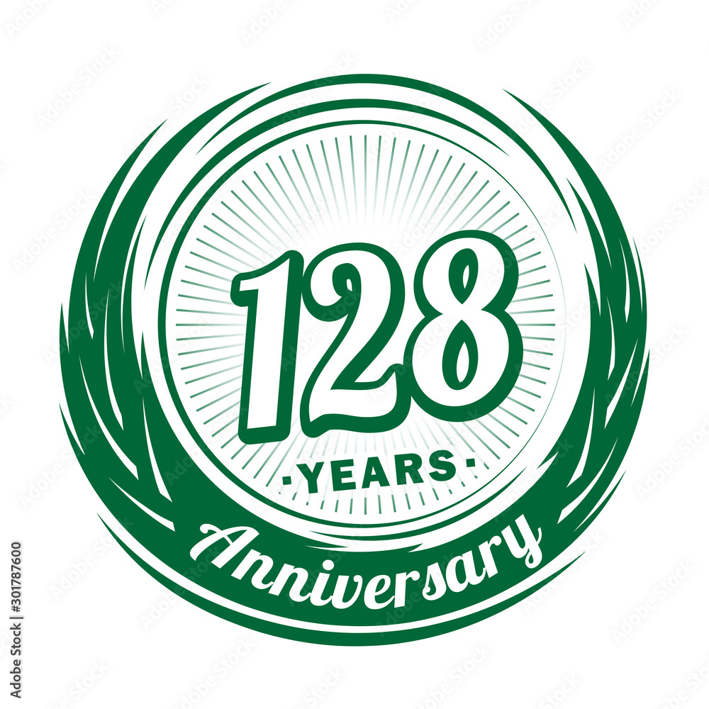 One hundred and twenty-eight years anniversary celebration logotype. 128th anniversary logo. Vector and illustration. One hundred and twenty-eight years anniversary celebration logotype. 128th anniversary logo. Vector and illustration.