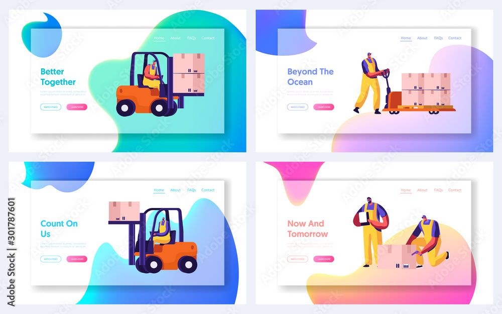 Cargo Logistics, Shipping Service Website Landing Page Set. Workers Loading Freight in Warehouse Using Forklift Trucks and Handtrucks. Goods Shipment Web Page Banner. Cartoon Flat Vector Illustration Cargo Logistics, Shipping Service Website Landing Page Set. Workers Loading Freight in Warehouse Using Forklift Trucks and Handtrucks. Goods Shipment Web Page Banner. Cartoon Flat Vector Illustration