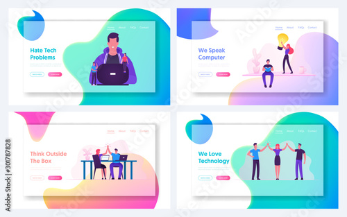 Coding Work and Highfive Website Landing Page Set. Programmer Coder Developing Software for Computer or Mobile App , Business People Celebrate Success Web Page Banner. Cartoon Flat Vector Illustration